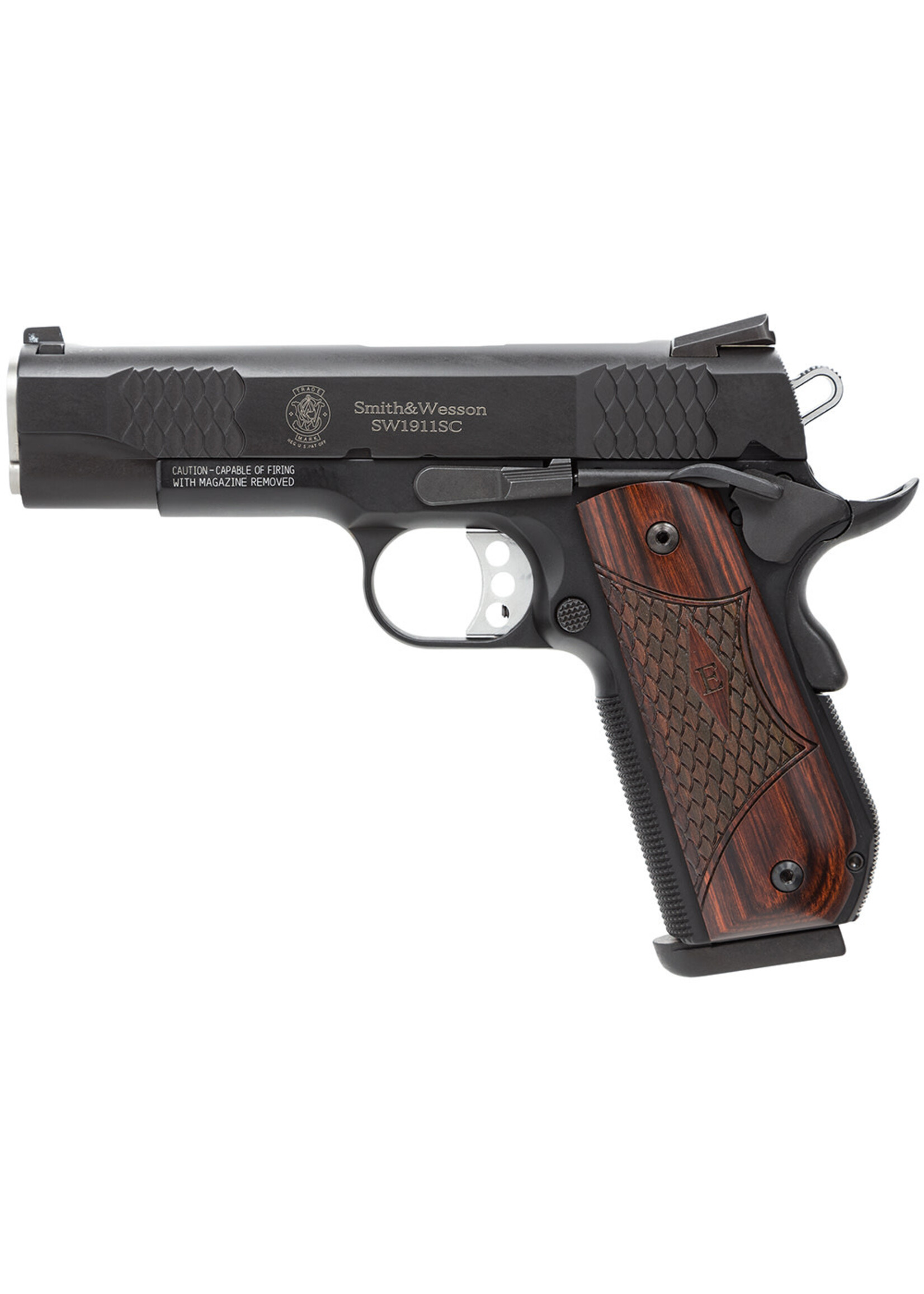 Smith and Wesson (S&W) Smith & Wesson 108483 1911 E-Series 45 ACP 7+1/8+1, 4.25" Stainless Steel Barrel, Black Serrated Stainless Steel Slide, Black Aluminum Frame w/Beavertail, Round Butt Laminate Wood Grip