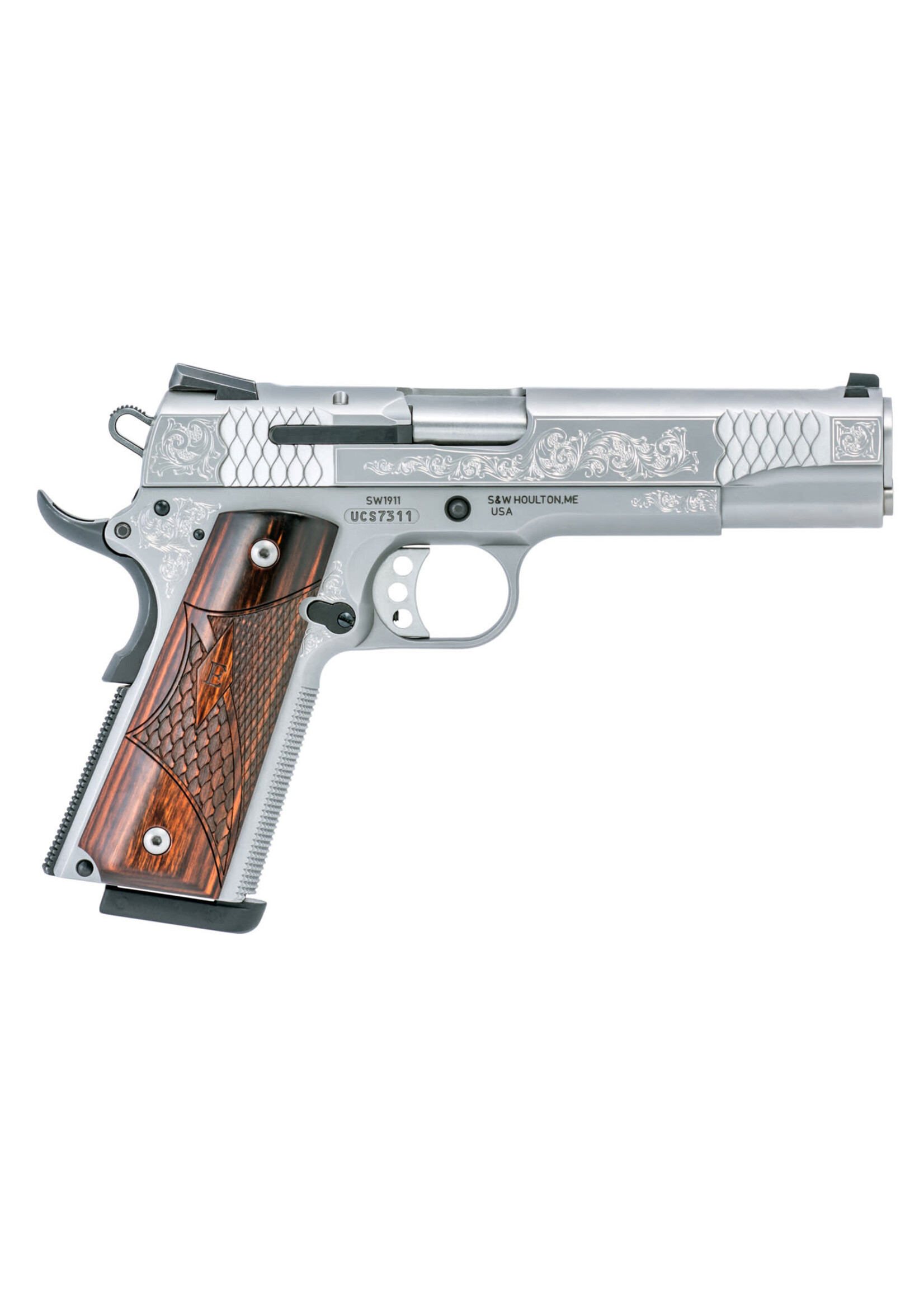 Smith and Wesson (S&W) Smith & Wesson 10270 1911 E-Series 45 ACP 5" Barrel 8+1, Matte Stainless Steel Engraved Frame & Slide, Laminate Wood E Series Grip, Manual Safety Grip & Thumb