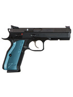 CZ USA CZ-USA 91257 Shadow 2 SA/DA 9mm Luger Caliber with 4.89" Non-Tilted Barrel, 17+1 Capacity, Black Polycoat Finish Picatinny Rail, Serrated Trigger Guard & Beavertail Frame, Inside Railed Black Nitride Steel Slide & Checkered Blue Aluminum Grip