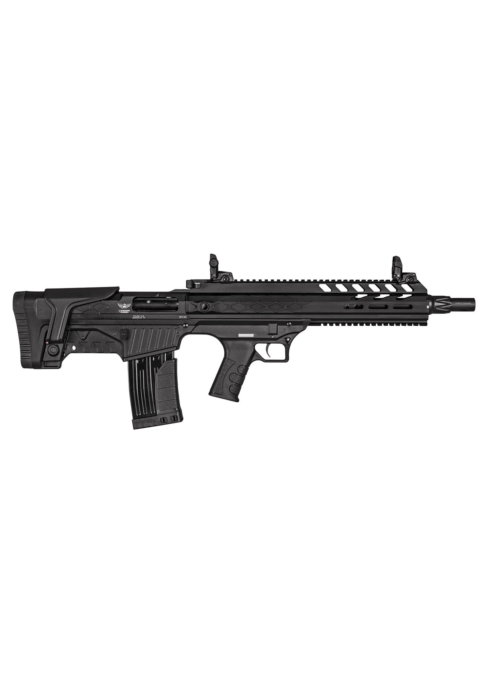 Landor Arms Landor Arms LDBPX9021218 BPX 902 12 Gauge 5+1/2+1 18.50" Barrel, Steel Receiver w/Black Finish, Flip Up Front & Rear Sights, Fixed Bullpup Stock, Includes Two 5rd Magazines & One 2rd Magazine Optics Ready