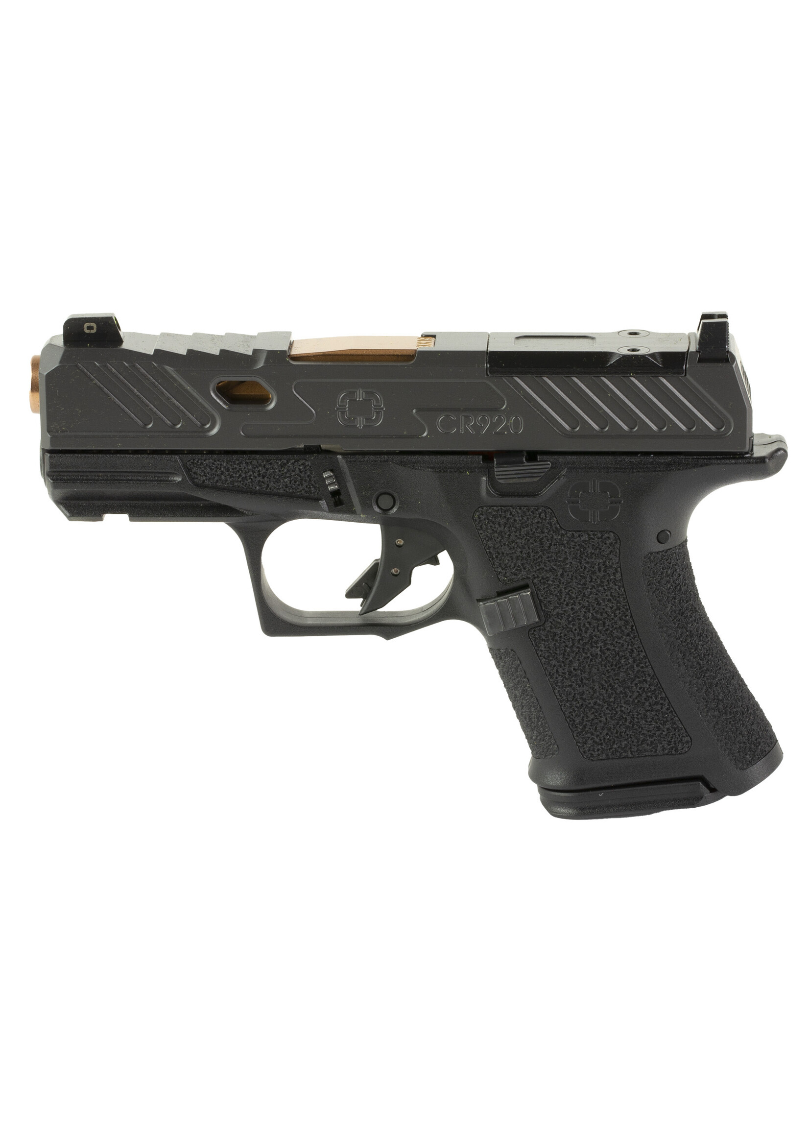 Shadow Systems Shadow Systems, CR920 Elite, Striker Fired, Semi-automatic Pistol, Sub-Compact, 9mm, 3.4" Bronze Spiral Fluted Barrel, Polymer Frame, Nitride Finish, Black, Front Night Sight, Trigger Safety, (1) - 10 Round (1) - 13 Round, Optics Ready, Includes 2 Ma