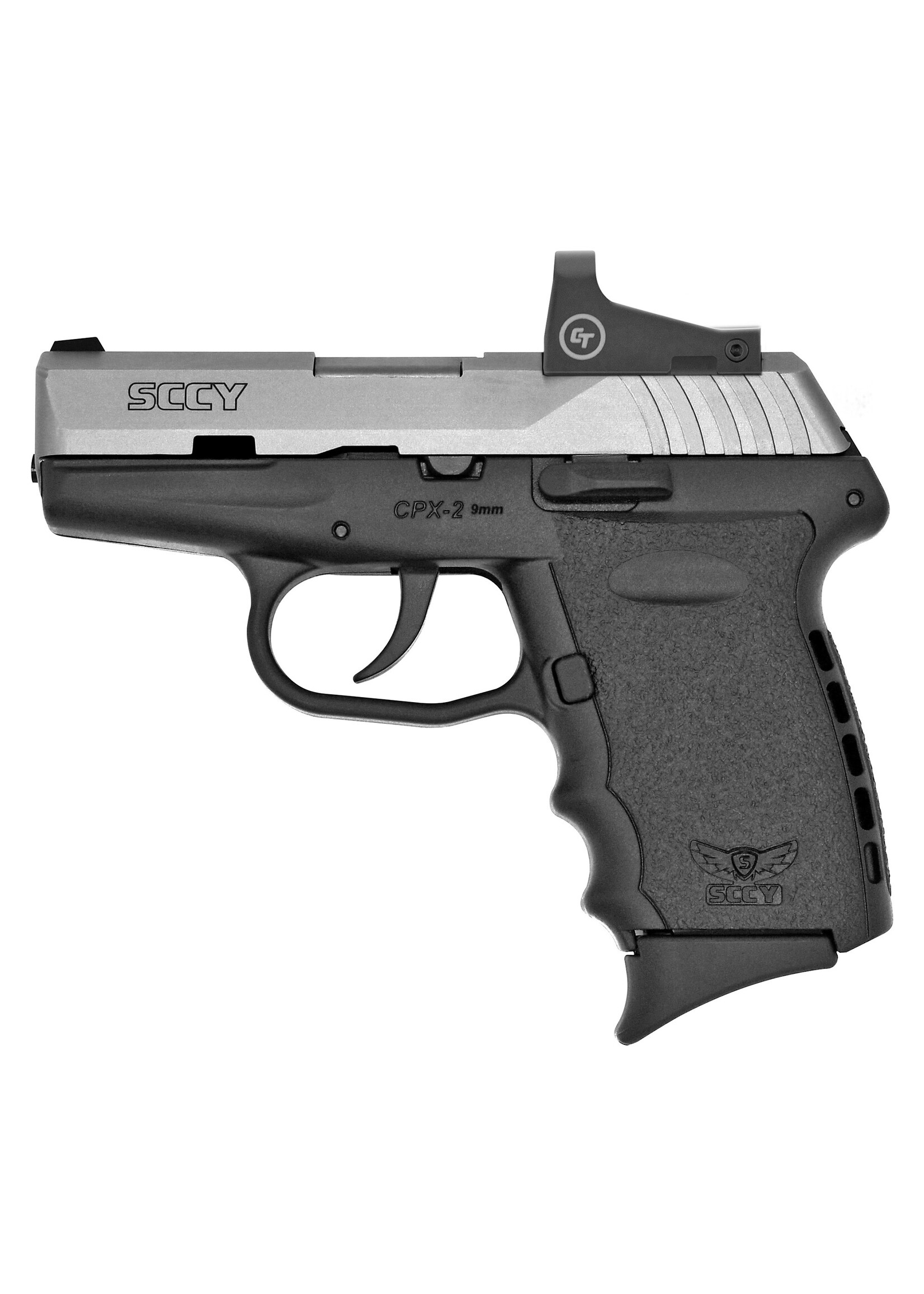 Sccy Industries SCCY, CPX-2, Double Action Only, Semi-automatic, Polymer Frame Pistol, Compact, 9MM, 3.1" Barrel, Satin Slide, Black Frame, 10 Rounds, Crimson Trace Red Dot Sight, 2 Magazines