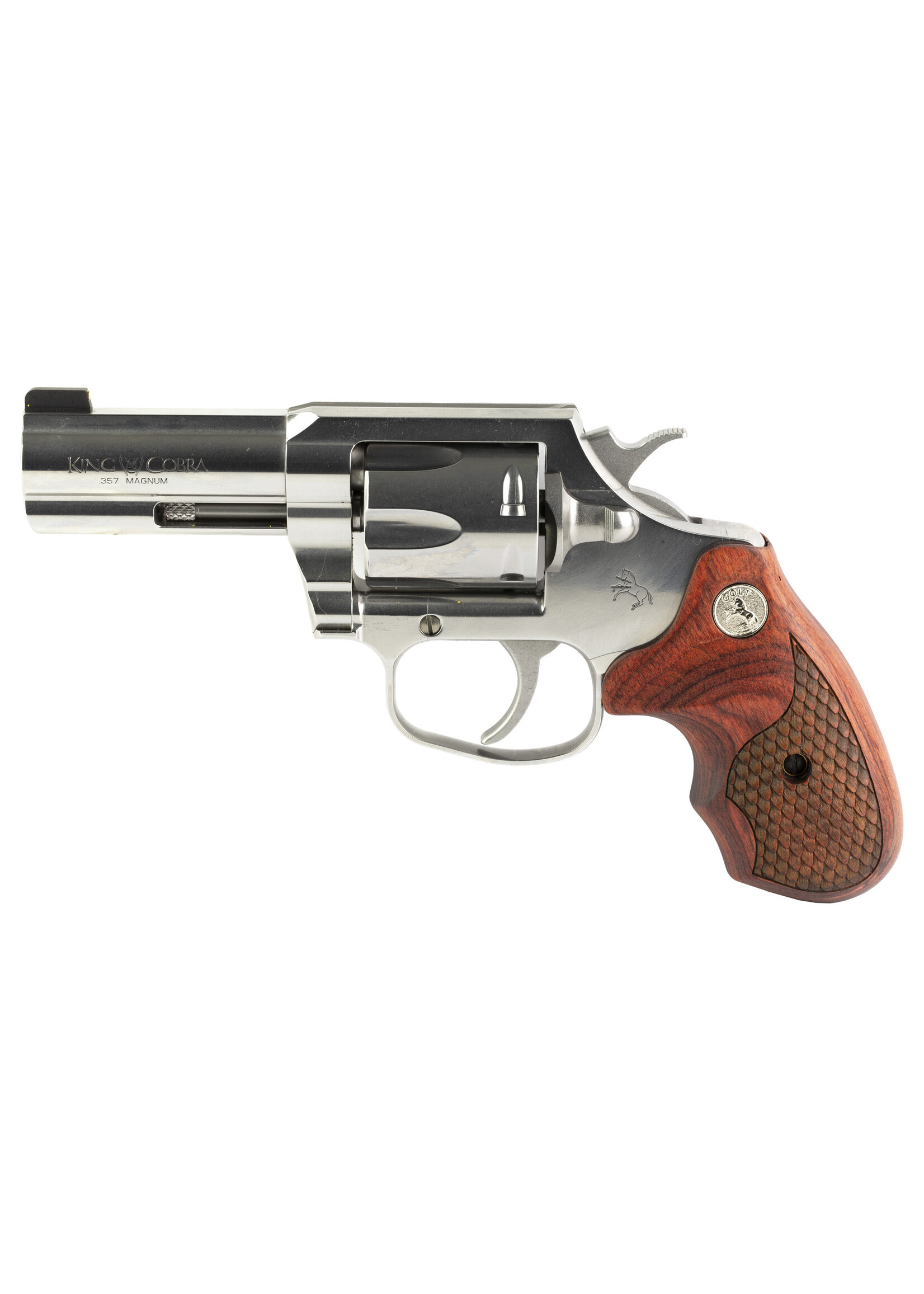 Colt Mfg Colt's Manufacturing, King Cobra, Revolver, 357 Magnum, 3" Barrel, Steel, Stainless Finish, Hogue Grips, Brass Bead Front Sight, 6 Rounds, Upgraded Snake Scale Pattern Walnut Grips