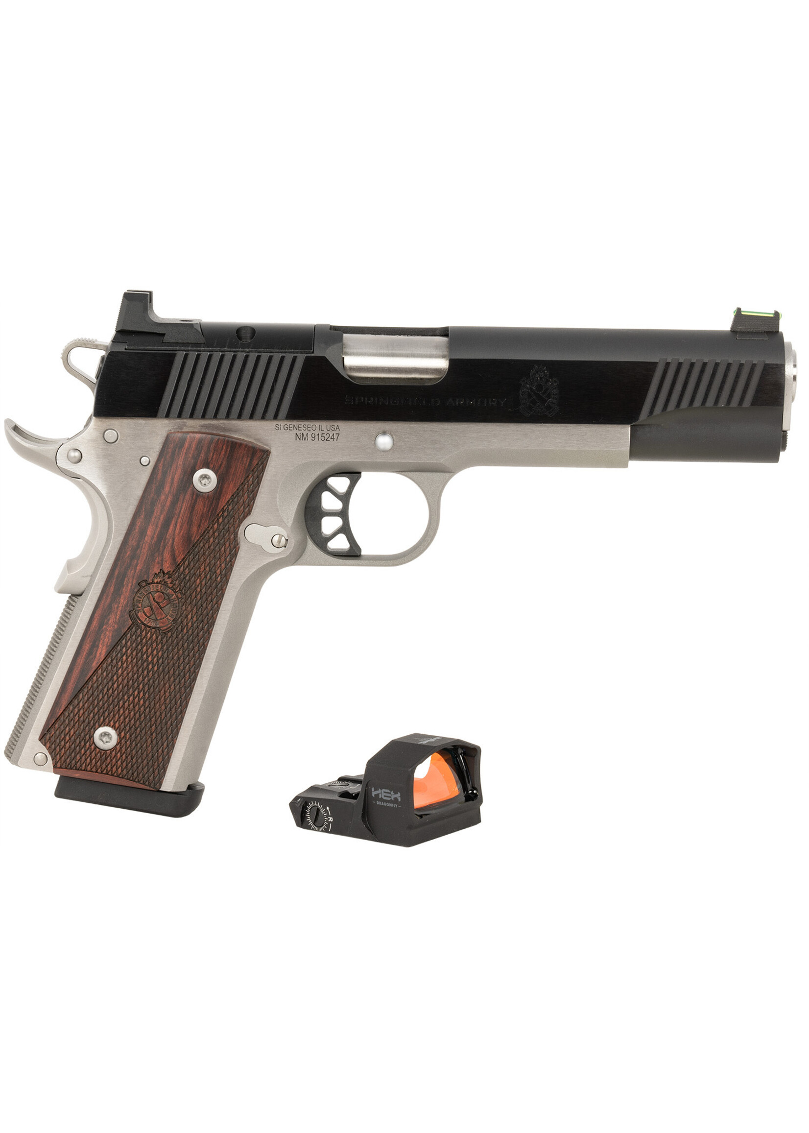 Springfield Armory Springfield Armory PX9121LAOSD 1911 Ronin 10mm Auto 8+1 5" Stainless Match Grade Barrel, Blued Serrated Carbon Steel Slide, Stainless Steel Frame w/Beavertail, Crossed Cannon Wood Grip, Hex Dragonfly Red Dot