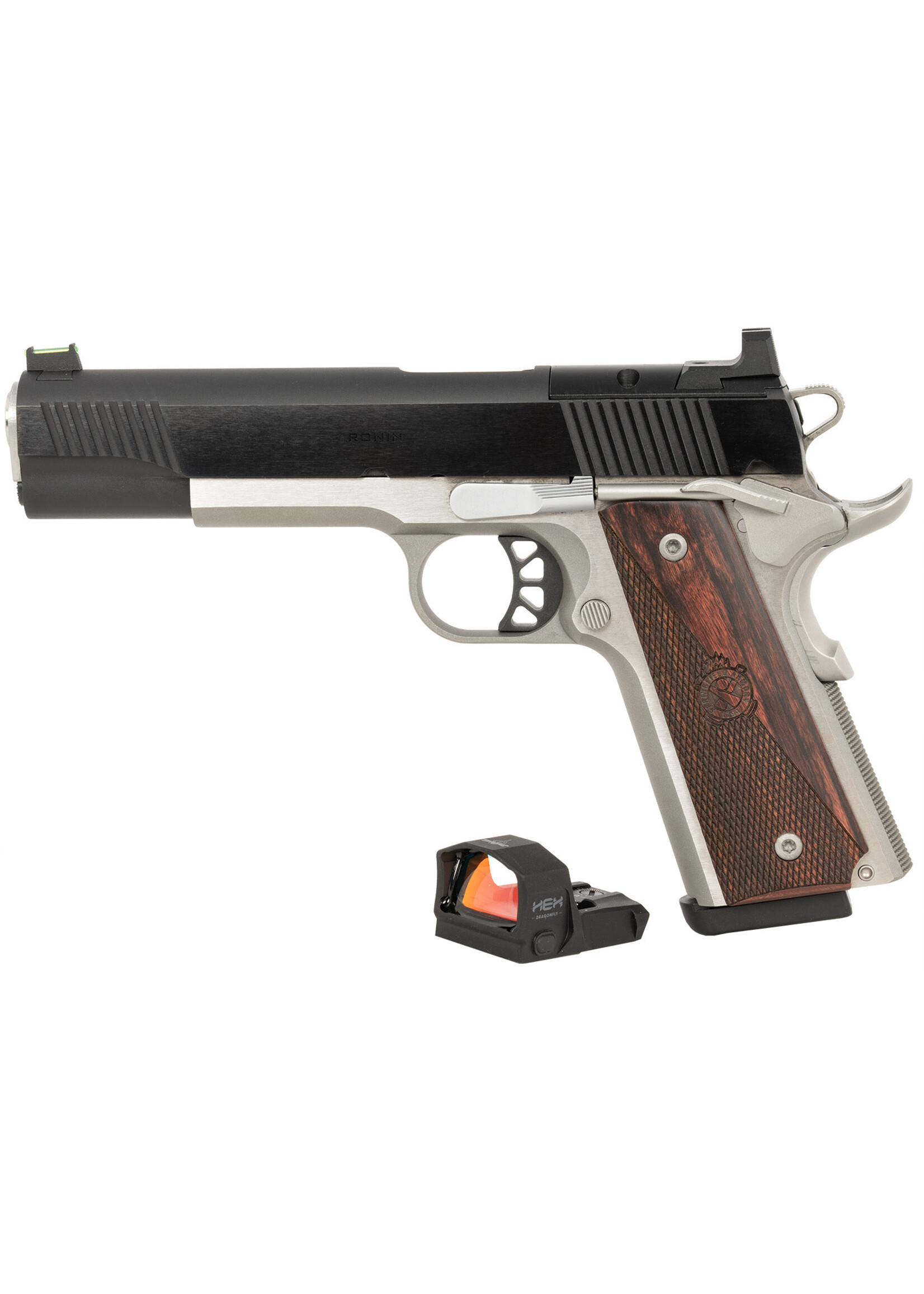 Springfield Armory Springfield Armory PX9121LAOSD 1911 Ronin 10mm Auto 8+1 5" Stainless Match Grade Barrel, Blued Serrated Carbon Steel Slide, Stainless Steel Frame w/Beavertail, Crossed Cannon Wood Grip, Hex Dragonfly Red Dot