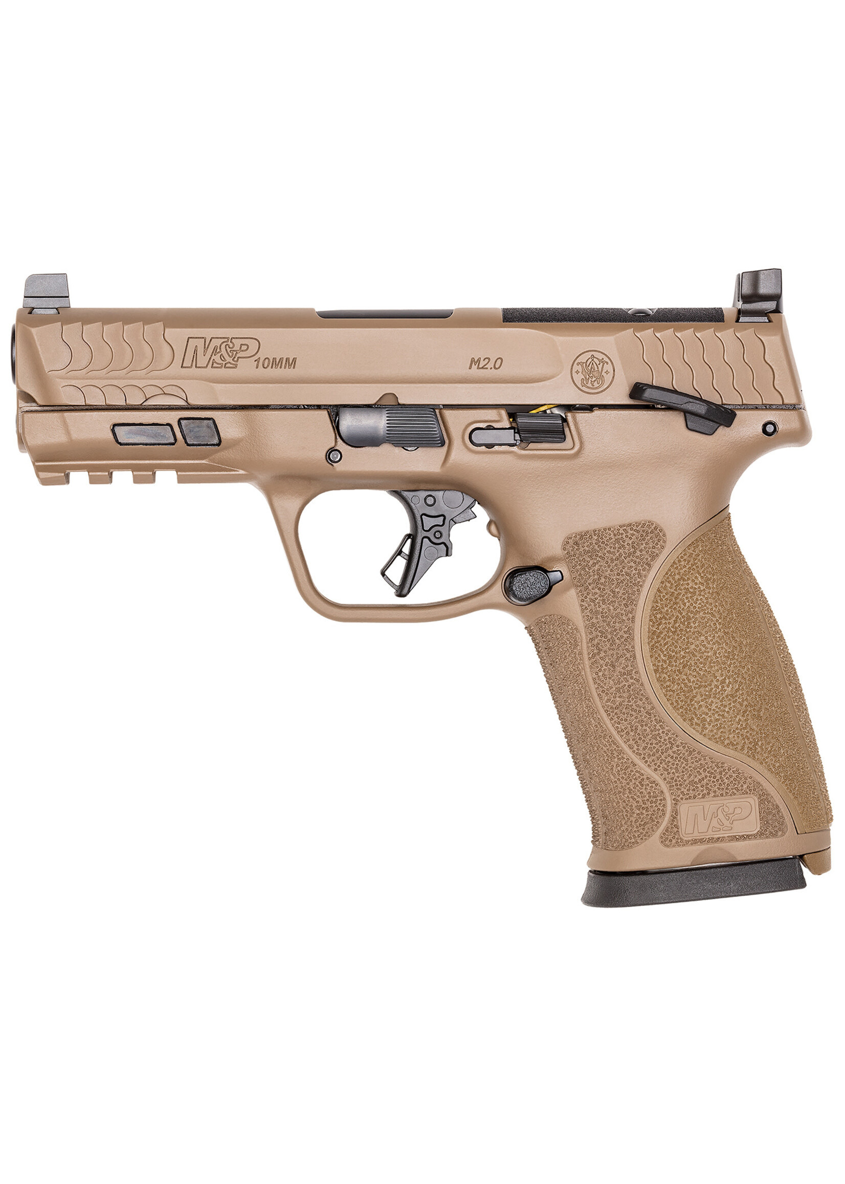 Smith and Wesson (S&W) Smith & Wesson, M&P M2.0, Striker Fired, Semi-automatic, Polymer Frame Pistol, Full Size, 10MM, 4" Barrel, Cerakote Finish, Flat Dark Earth, Optic Height White 3 Dot Sights, Thumb Safety, 15 Rounds, Optics Ready Slide, 2 Magazines