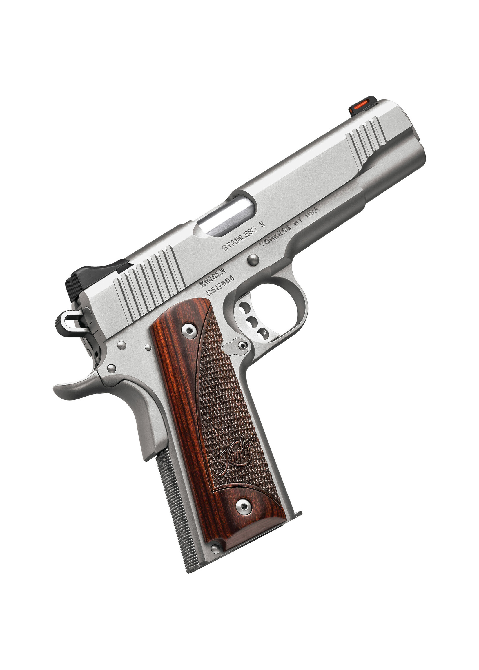 Kimber Kimber, Stainless Target, 1911, Semi-automatic, Full Size, 10MM, 5" Barrel, Matte Finish, Silver, Wood Grips, Fiber Optic Front Sight, 8 Rounds