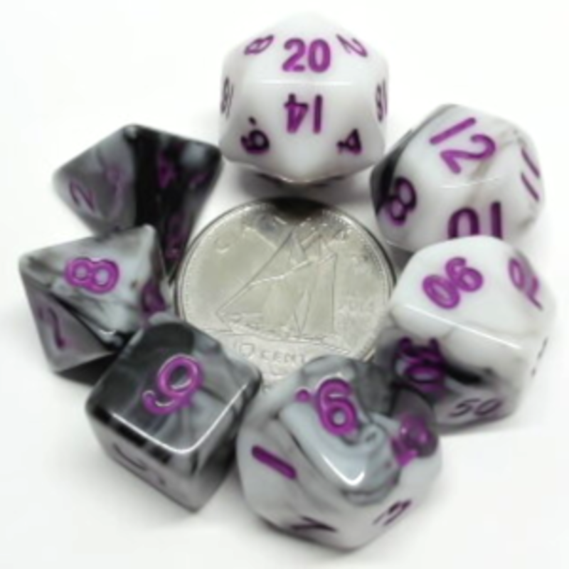 Metallic Dice Game Mini-Des Polyedriques: Marbres w/ Purple Numbers