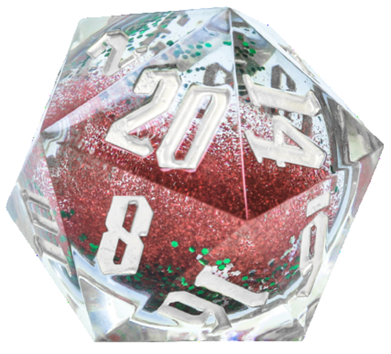 D20 Snow Globe Silver Ink Red/Green Glitter 54mm