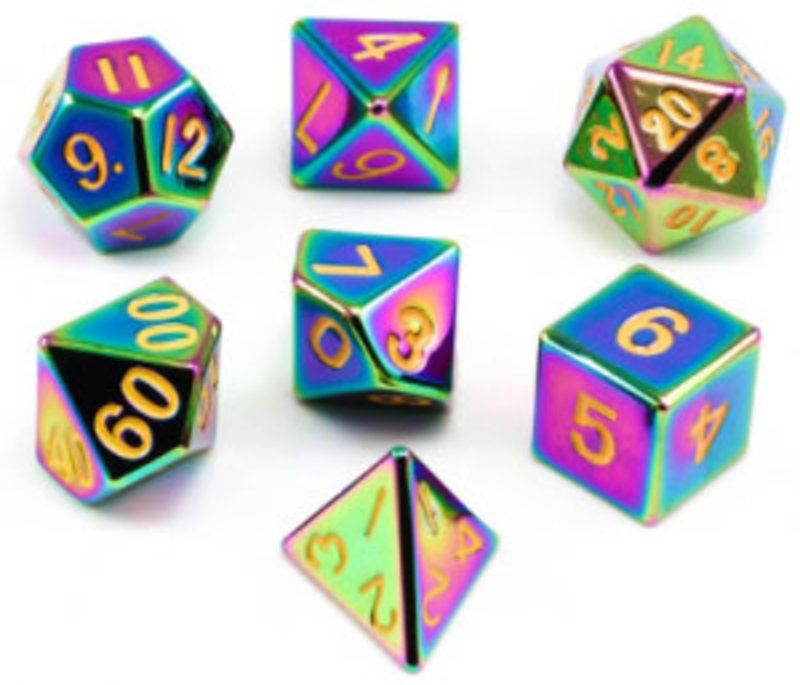 Metallic Dice Game Kit of 7 Polyhedral Metal Dice - Rainbow with Gold Number