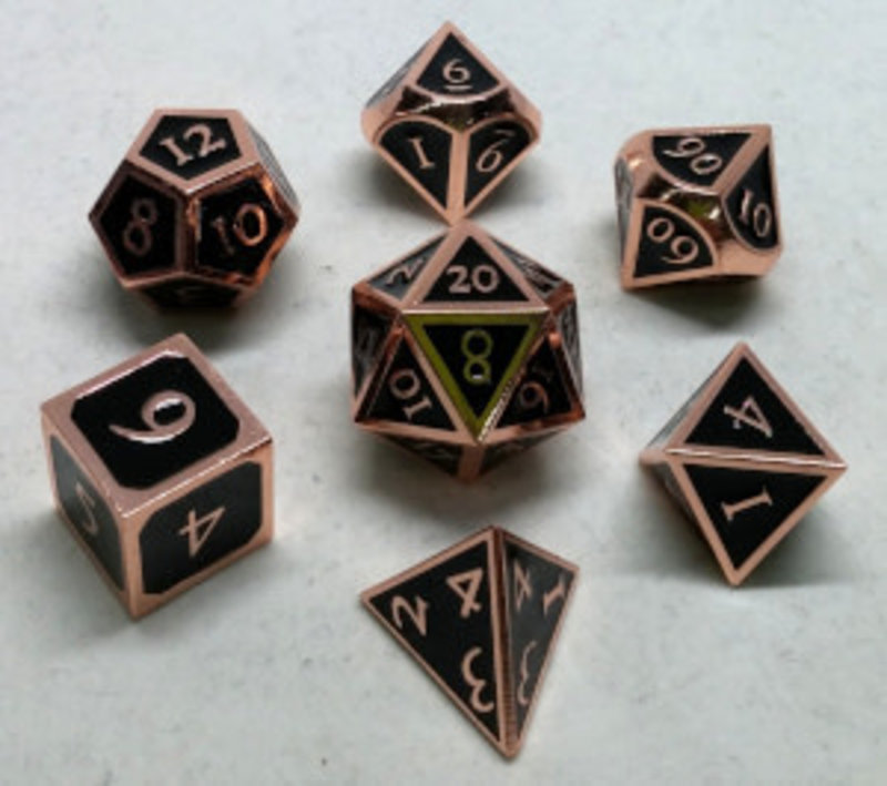 Metallic Dice Game Kit of 7 metal dice - copper with black enamel