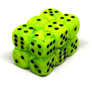 Chessex Brique 12 D6 Vortex Vert Pétant avec point noirs