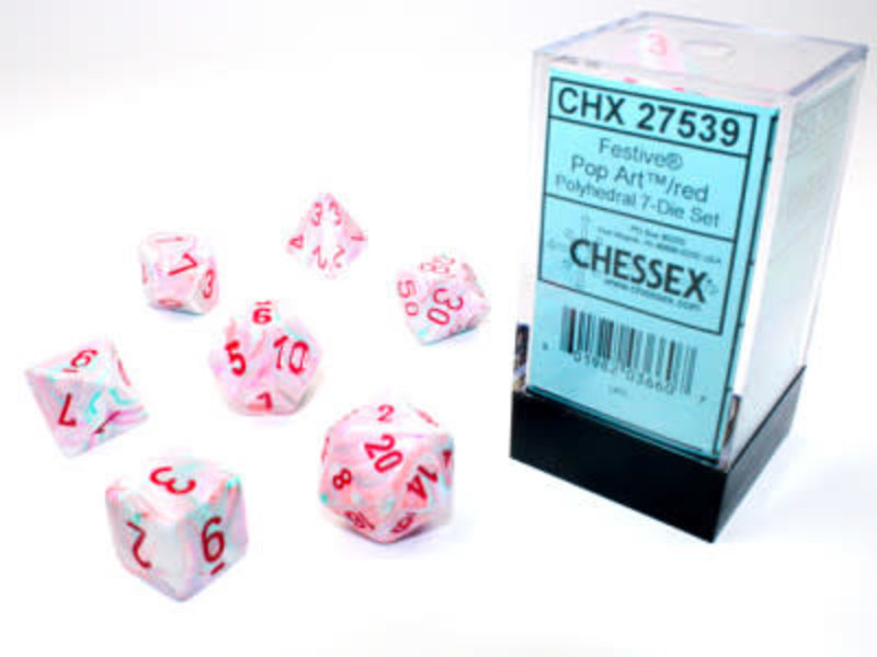 Chessex Set 7D Poly Festive Pop Art Chiffres rouges
