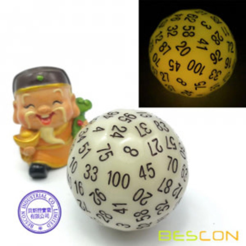 Bescon 100 sided dice - white that glows yellow in the dark