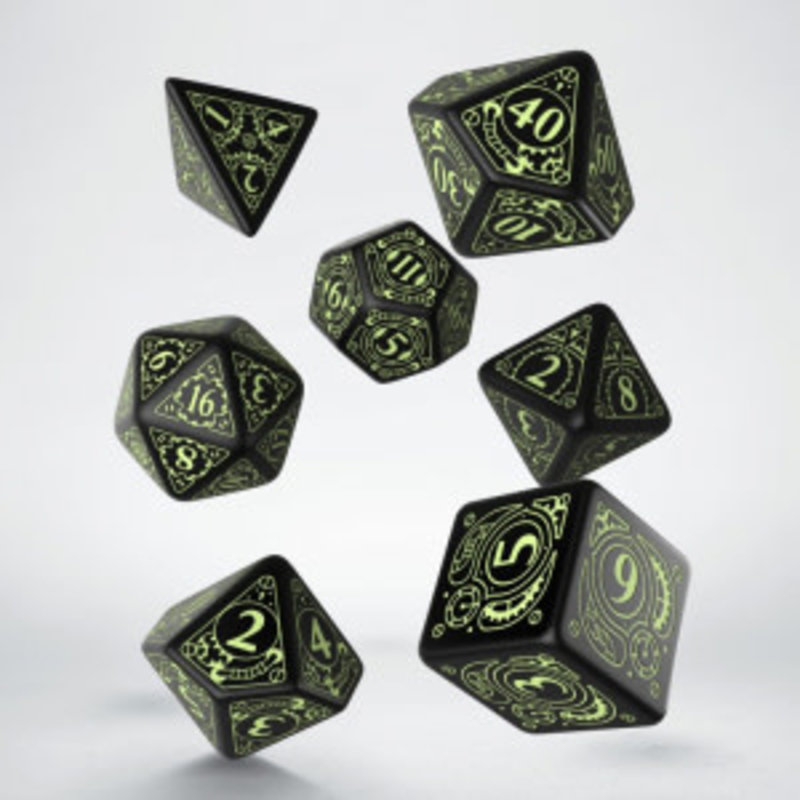 Q Workshop Set of 7 Black Steampunk Polyhedral Dice with Glow in the Dark Numbers!