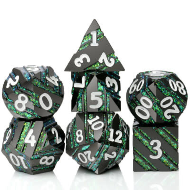 Désirable Games Ribbed Metal Dice - Black with Green Streaks