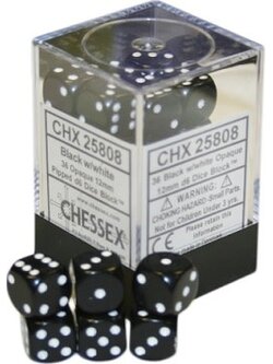 Chessex Brique de 36 D6 12mm Opaques Noir/Blanc