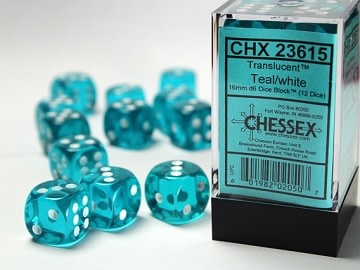 Chessex Ensemble 12 D6 Transparent Sarcelle/Blanc