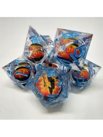 Ensemble 7D Poly - Oeil de Dragon Translucide avec Oeil Rouge Chiffre Bleu