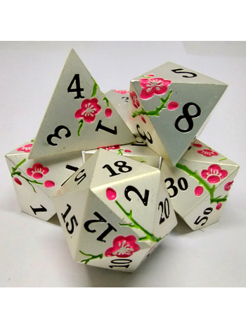 Désirable Games Plum Blossom Dice Set - Silver with Pink Flowers