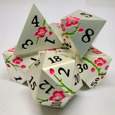 Désirable Games Plum Blossom Dice Set - Silver with Pink Flowers