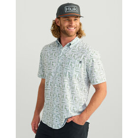 Huk Huk Kona Button Down - Fog Green Fish Dot