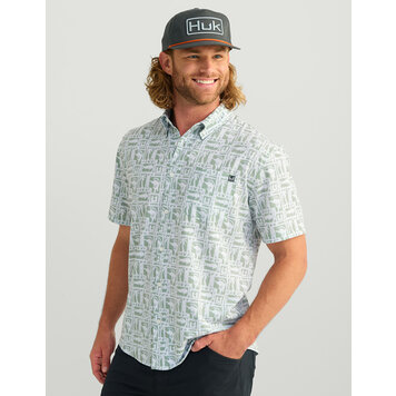 Huk Huk Kona Button Down - Fog Green Fish Dot