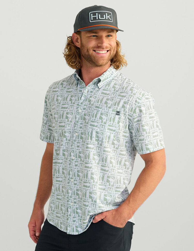 Huk Huk Kona Button Down - Fog Green Fish Dot