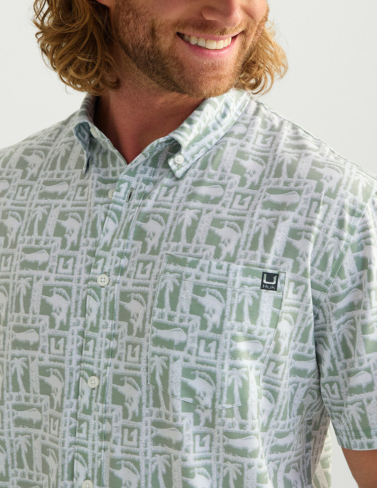 Huk Huk Kona Button Down - Fog Green Fish Dot