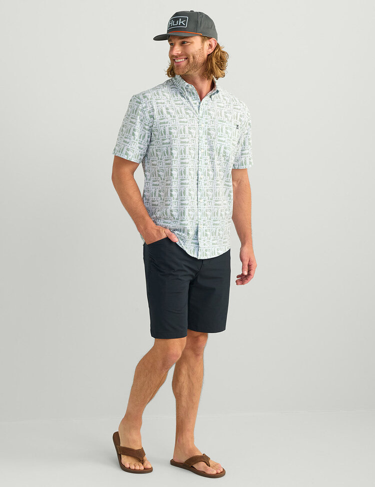 Huk Huk Kona Button Down - Fog Green Fish Dot