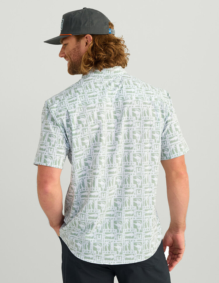 Huk Huk Kona Button Down - Fog Green Fish Dot