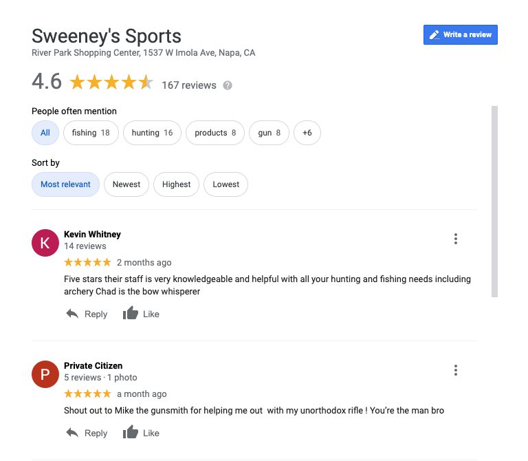 Sweeney's Sports Google Reviews