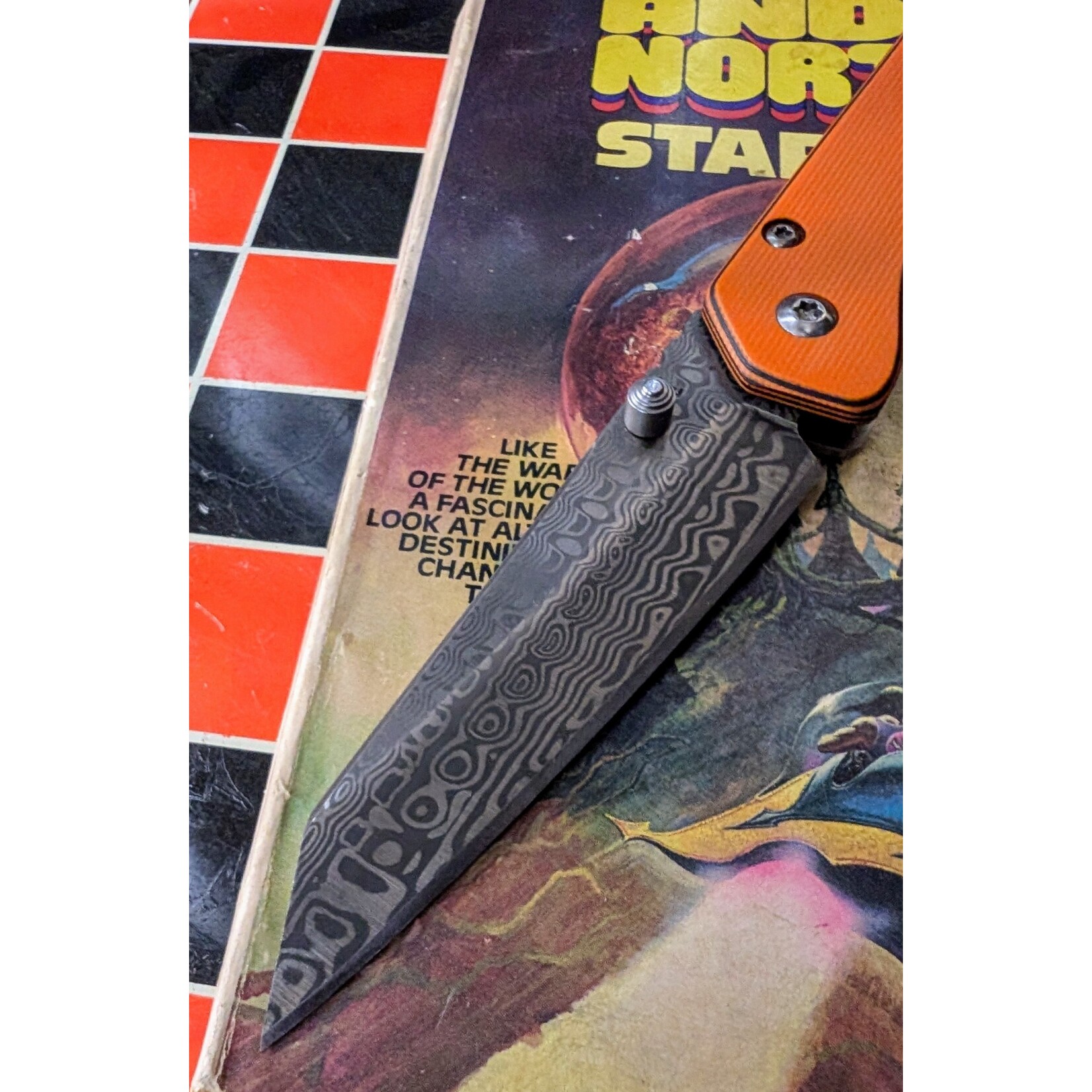 Zanutto Customs Sold Out - Zanutto Customs ZC035 Damasteel & Micarta + Titanium Orange Reverse Tanto