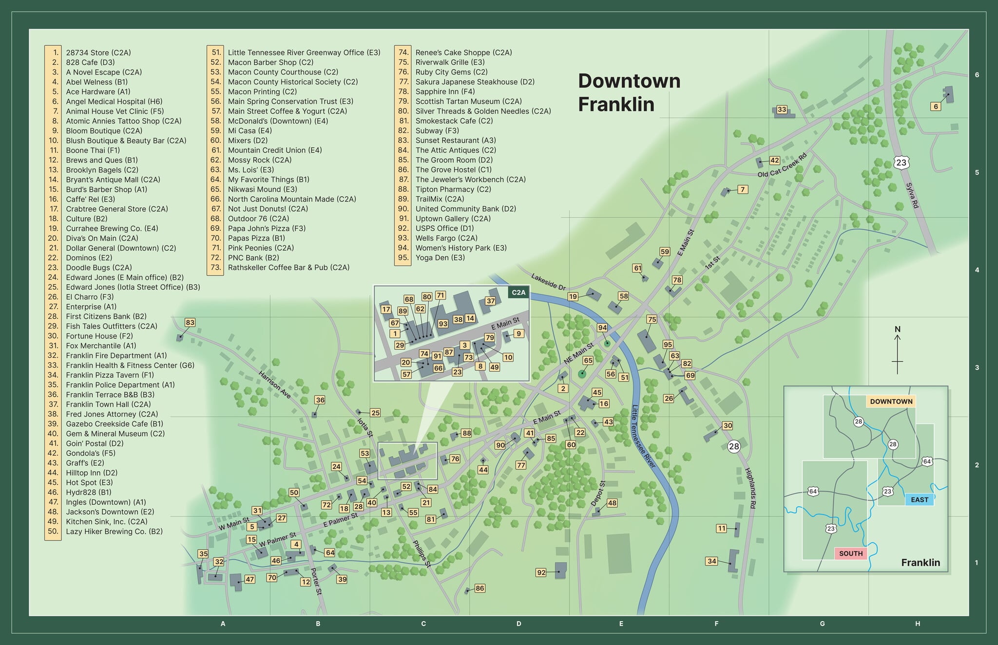 Downtown Franklin NC map for Appalachian Trail hikers