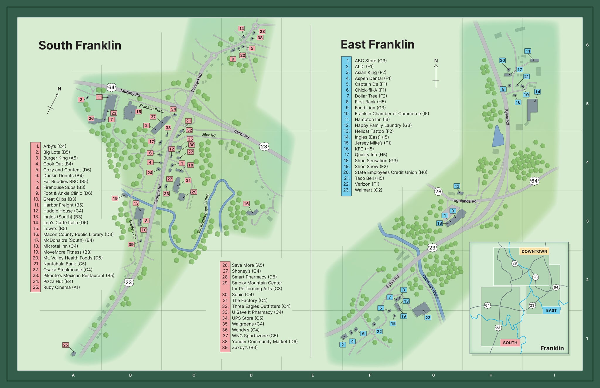 Downtown Franklin NC map for Appalachian Trail hikers