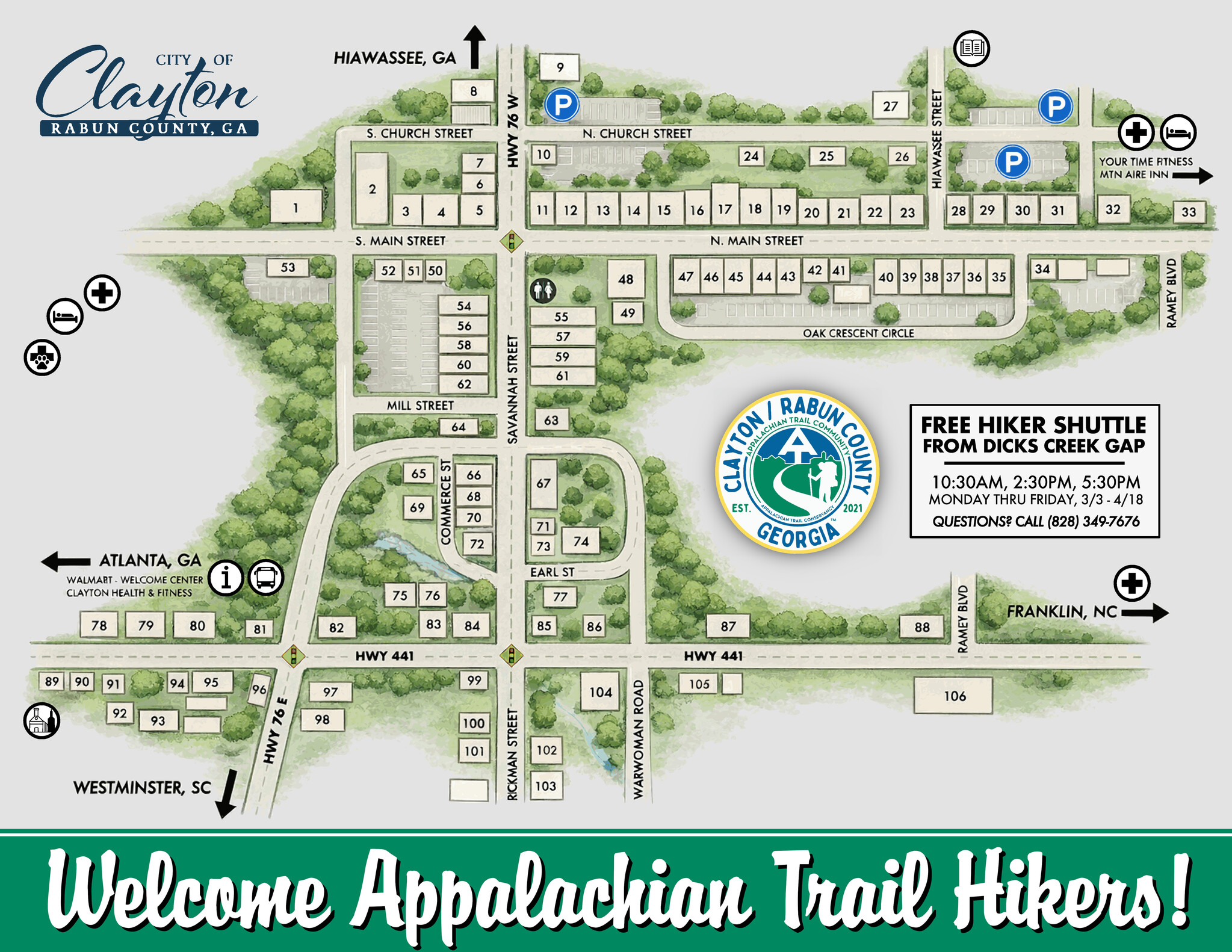 Downtown Clayton GA map for Appalachian Trail hikers