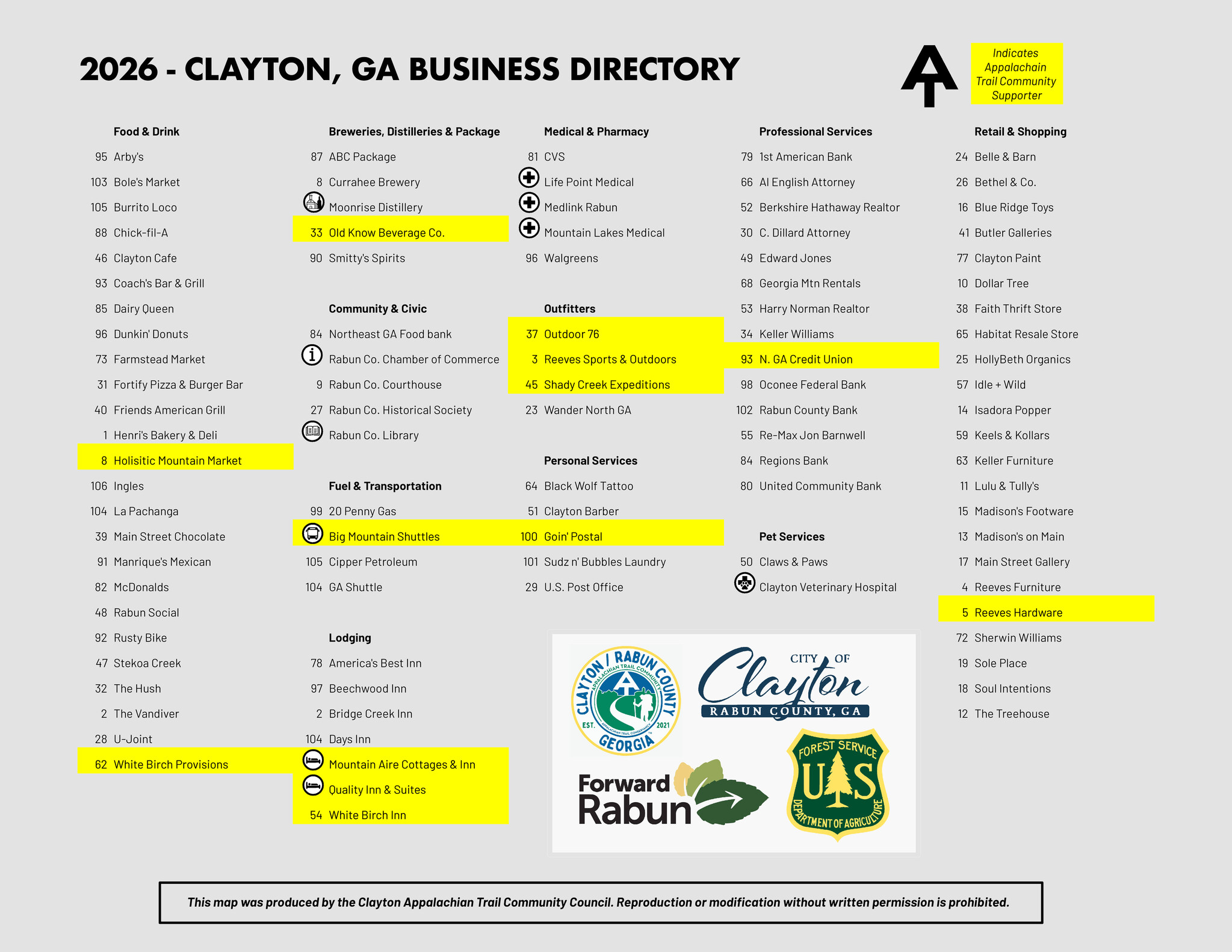 Downtown Clayton GA map for Appalachian Trail hikers