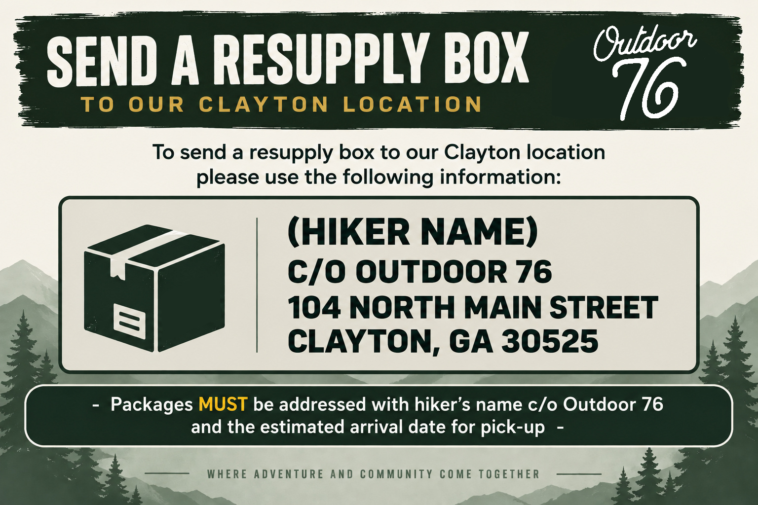 Appalachian Trail hiker resupply box shipping information for Outdoor 76 in Clayton Georgia