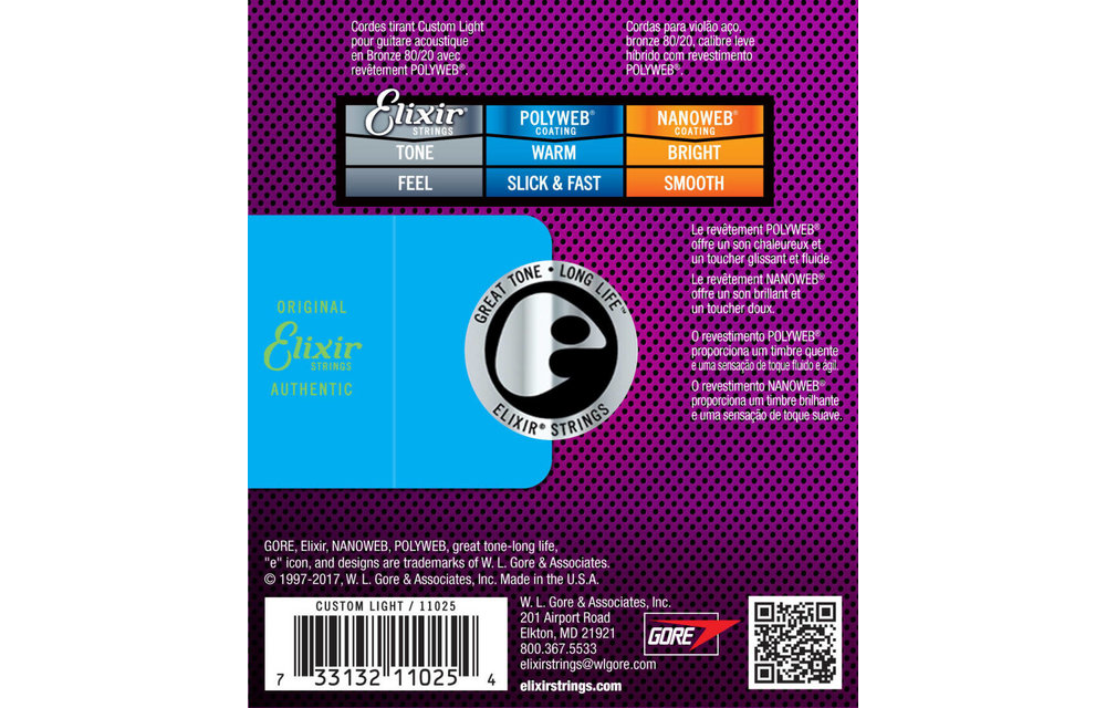 Elixir strings acoust 80/20 Poly Custom 11/52