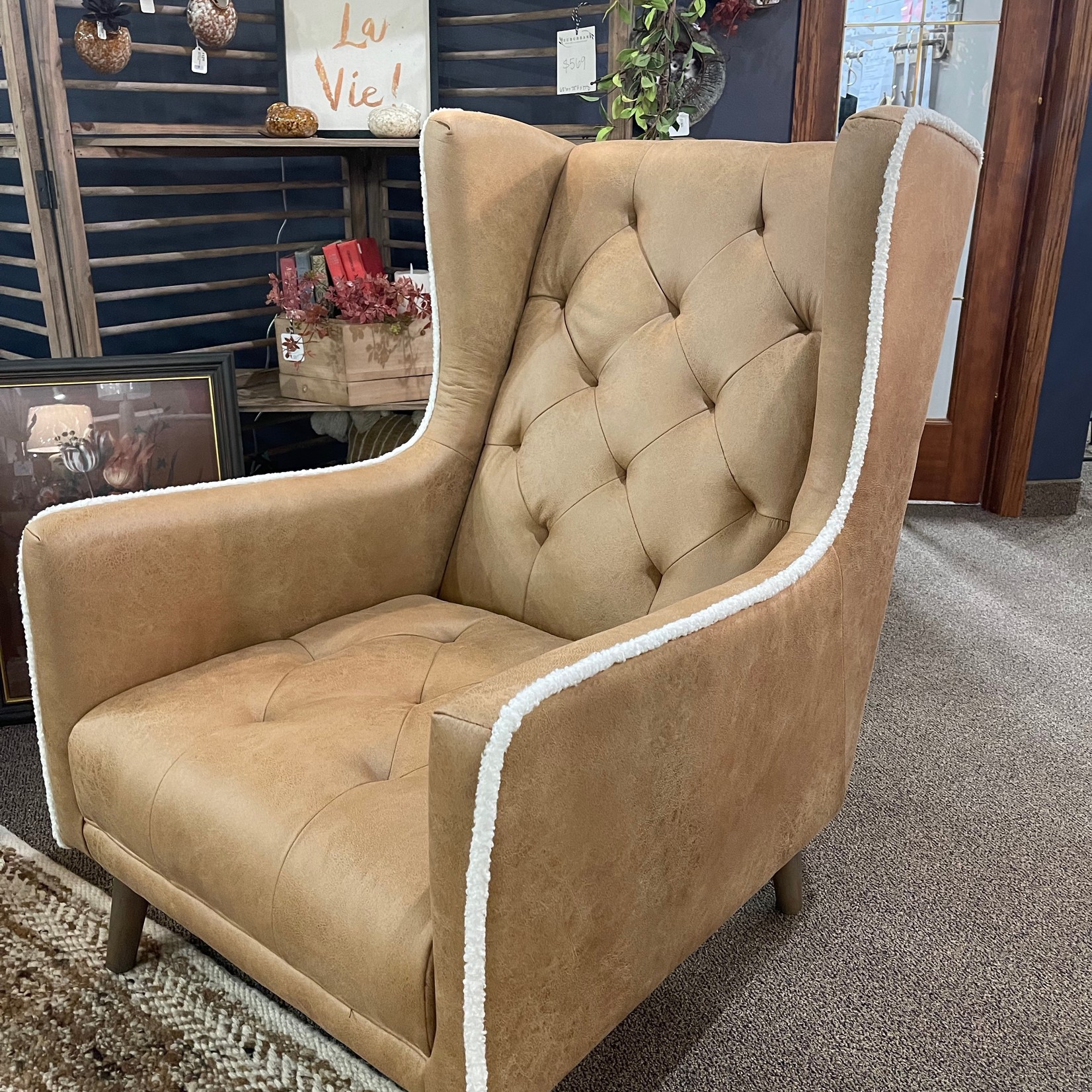 Lansing Accent Chair in Camel Faux Leather w/Sherling Welt