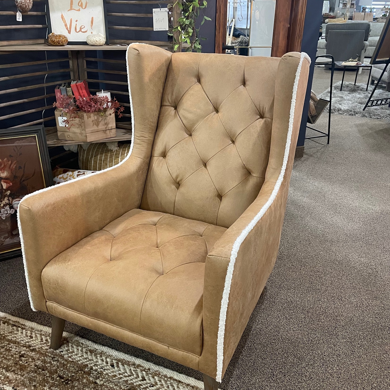 Lansing Accent Chair in Camel Faux Leather w/Sherling Welt