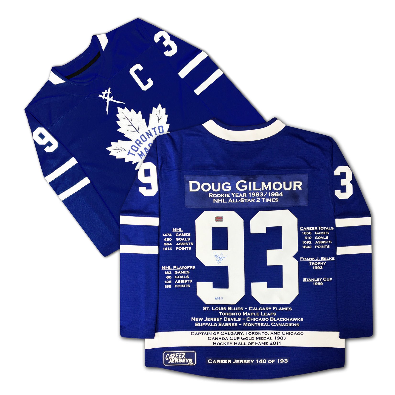 Doug Gilmour Career Jersey - Autographed - LTD ED 193 - Toronto Maple Leafs  - JPL Sports Cards and Collectibles