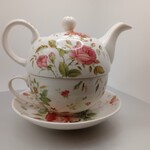 Stacked Floral (Rose) Teapot and Cup with Saucer Set