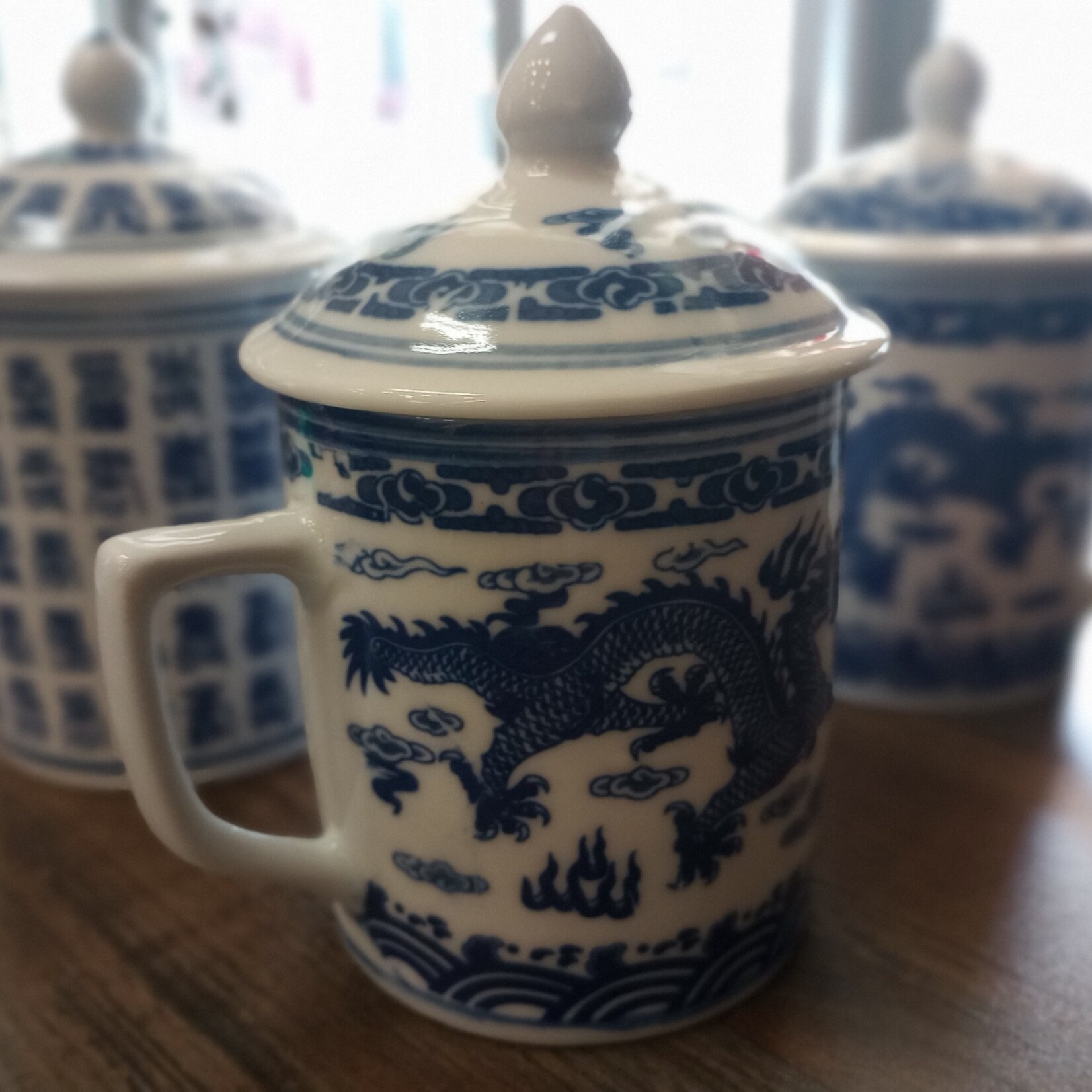 Ceramic Chinese Blue and White Mug with Lid: