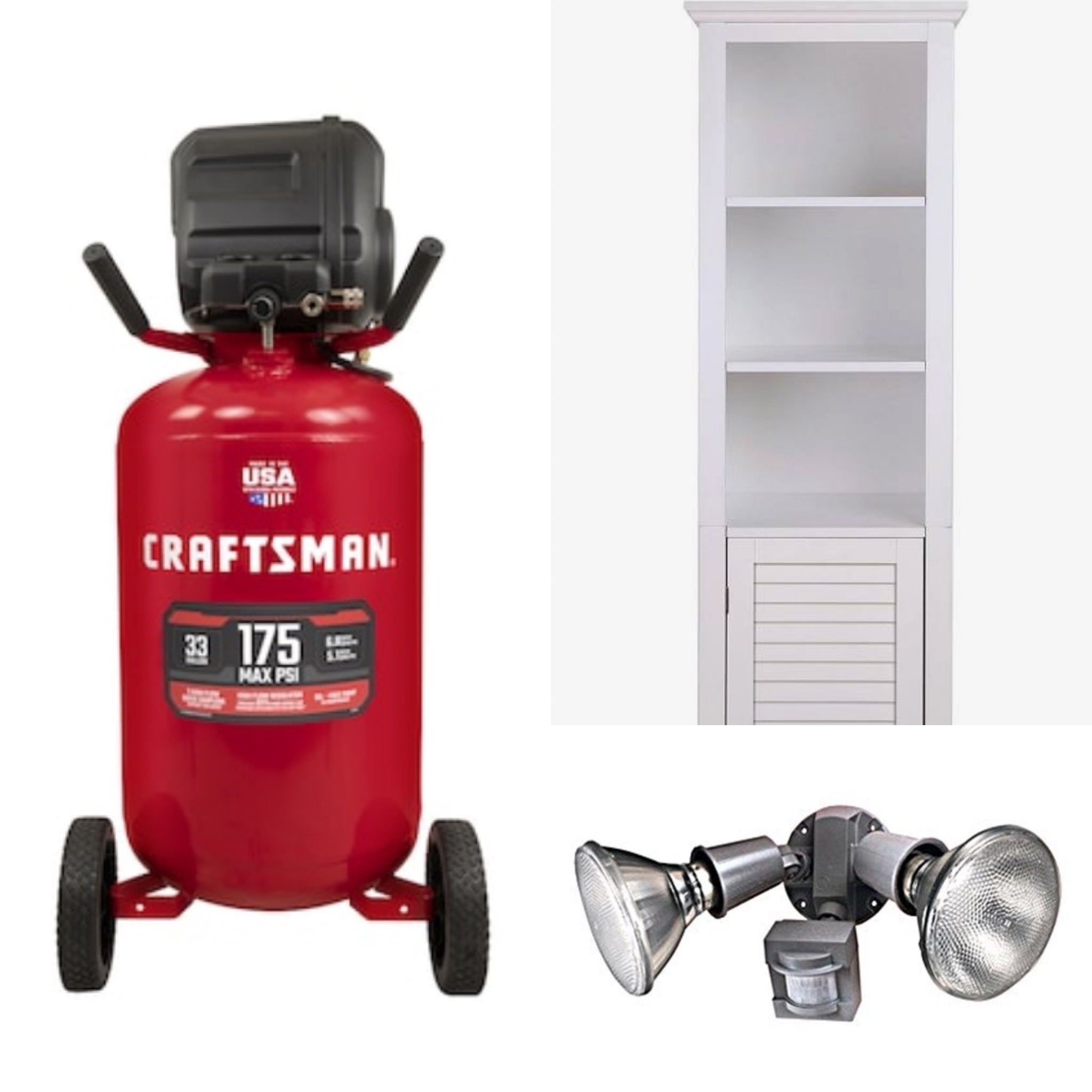 Craftsman air compressor, bathroom storage cabinet, outdoor motion light, and more!