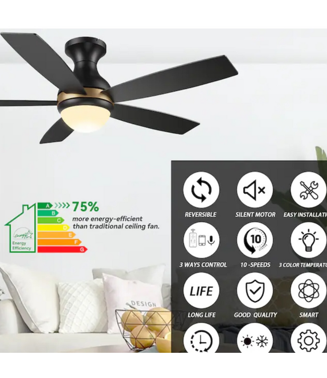 48762 Carro USA Black & Gold Smart Ceiling Fan 52"