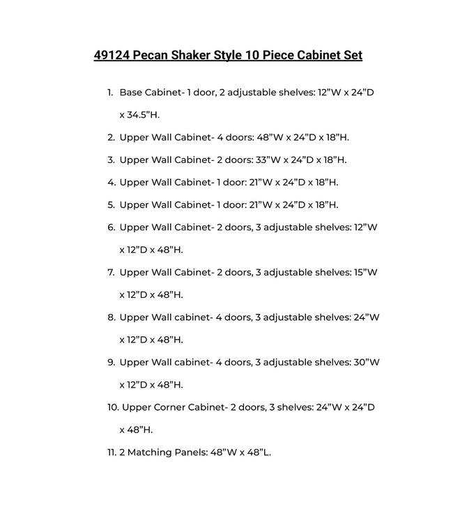 49124 Pecan Recessed Panel Shaker 10 Piece Cabinet Set