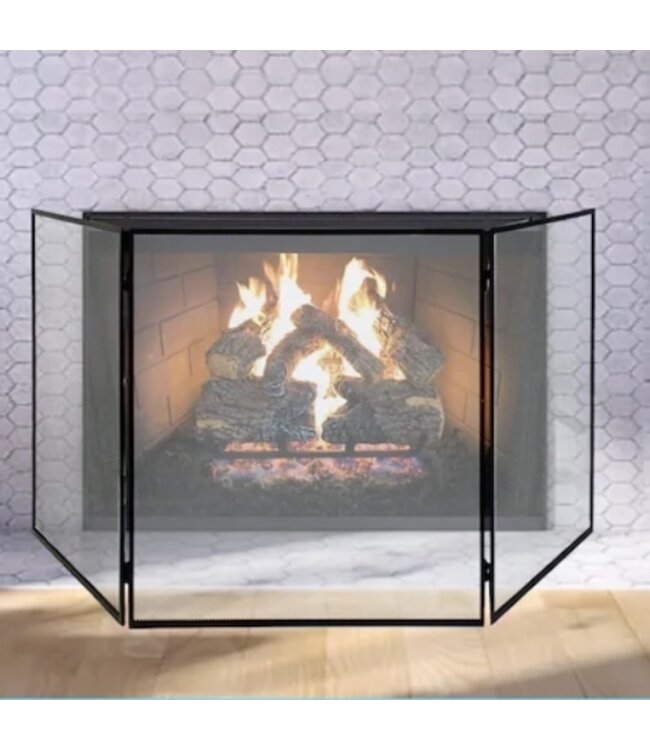 49542 Black Steel 3-Panel Flat Fireplace Screen