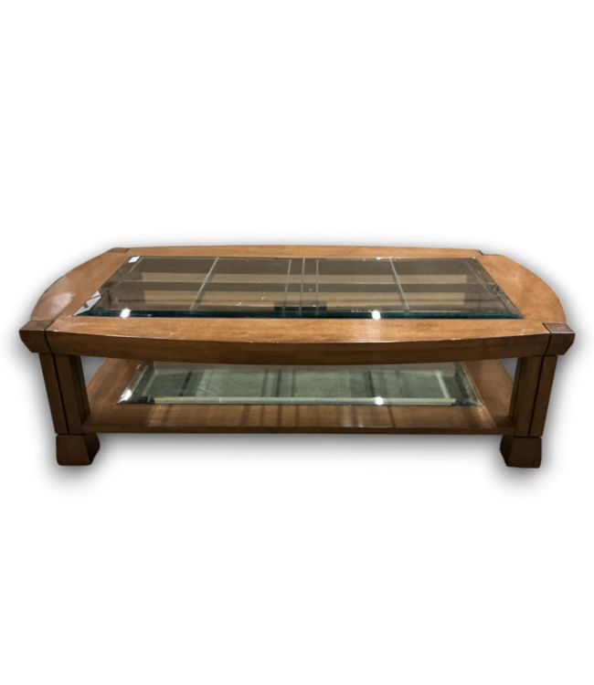 52582 Wooden 2-Tier Coffee Table w/Glass Top