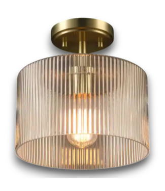 52767 Brass & Ribbed Glass Ceiling Light 10"H